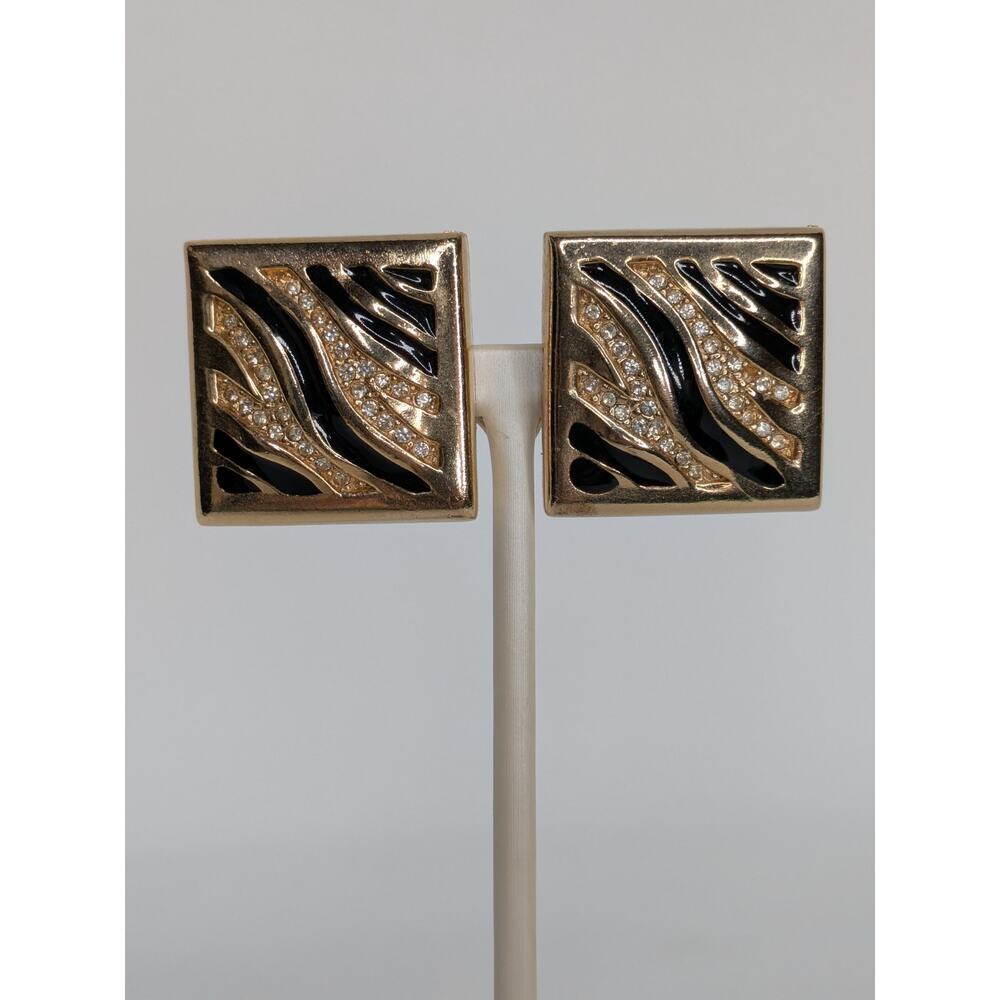Kirks Folly Zebra Pattern Rhinestone Enamel Vintage Clip Gold Earrings